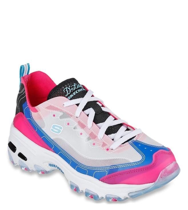 skechers women's d'lites-fresh air blue hot pink casual lace up shoe