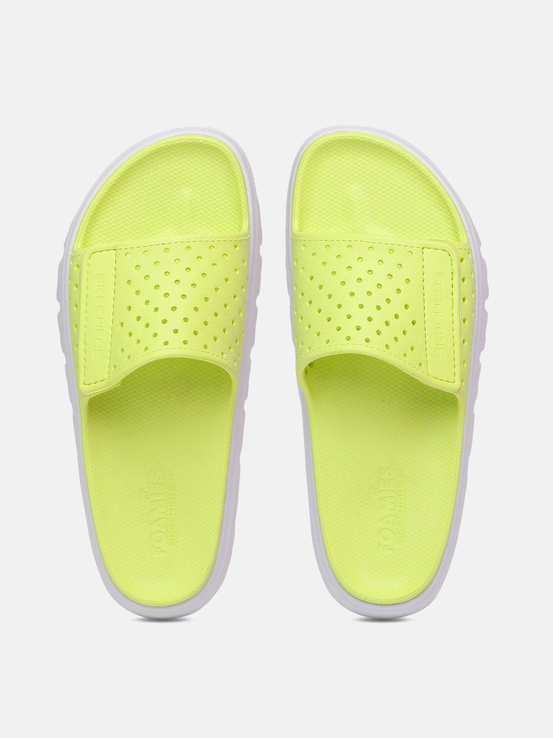 skechers women fluorescent green foamies sliders