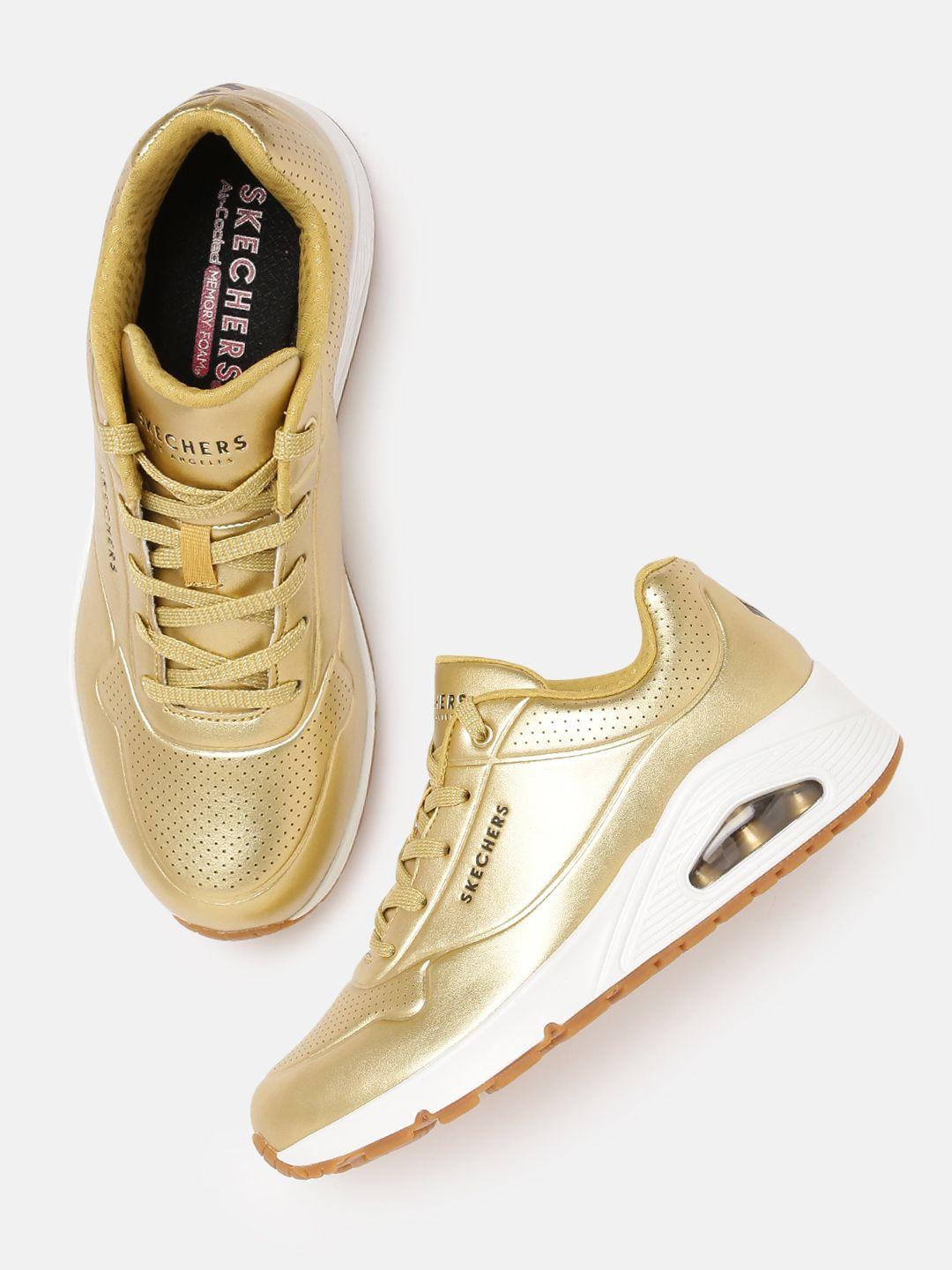 skechers women gold toned perforated leather regular uno - aluminiferous sneakers
