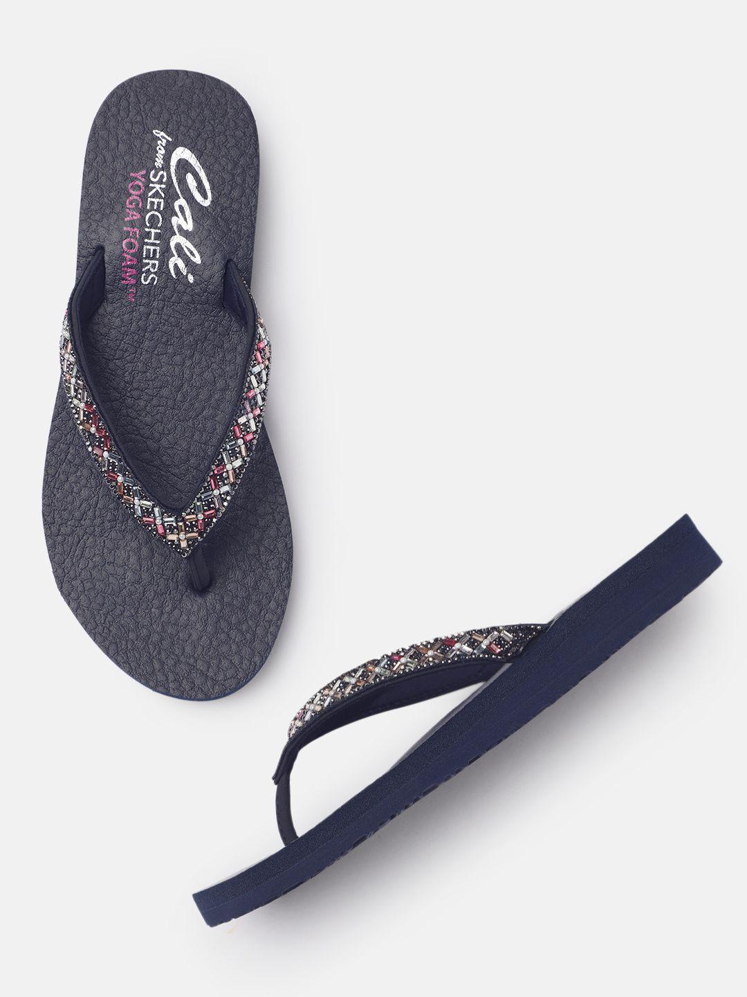 skechers women navy blue meditation lotus bae thong flip-flops