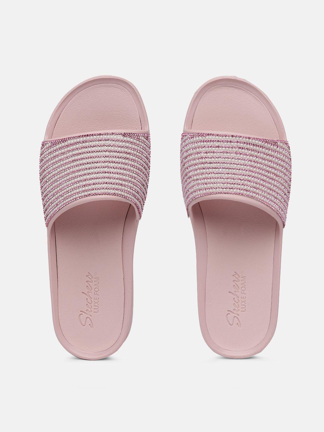 skechers women pink cali charm be fancy embellished rubber sliders