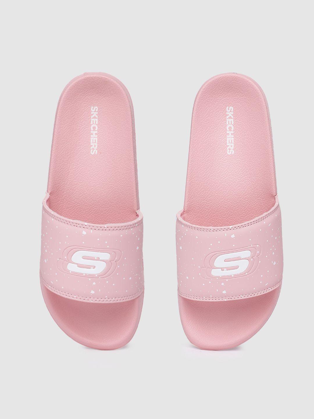 skechers women pink solid rubber sliders with embossed s & paint splatter straps