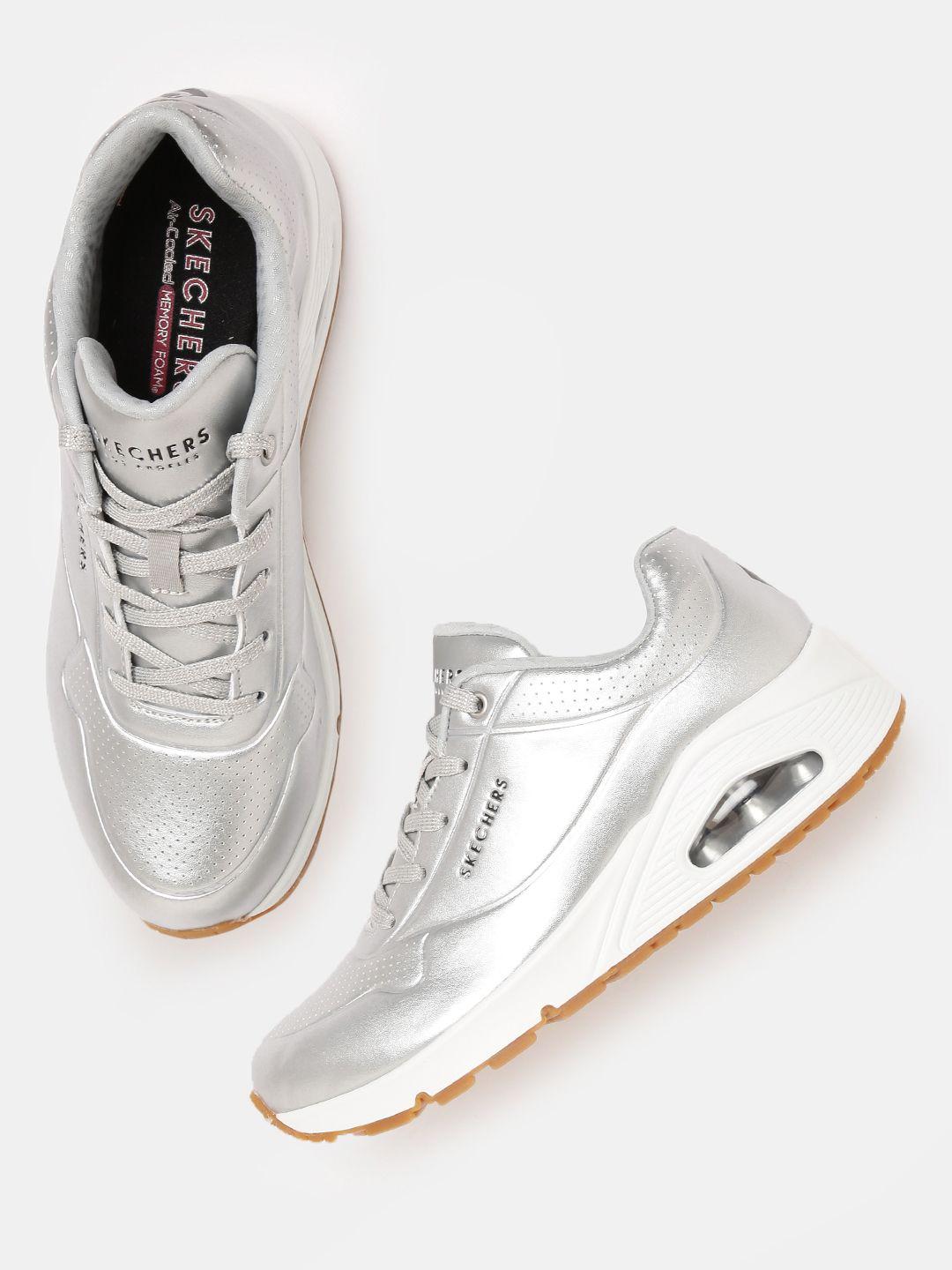 skechers women silver toned perforated leather regular uno - aluminiferous sneakers