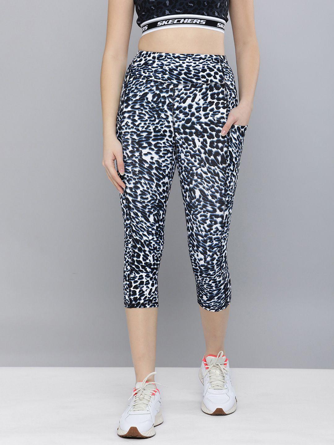 skechers women white & navy blue high-waist leopard midcalf tights