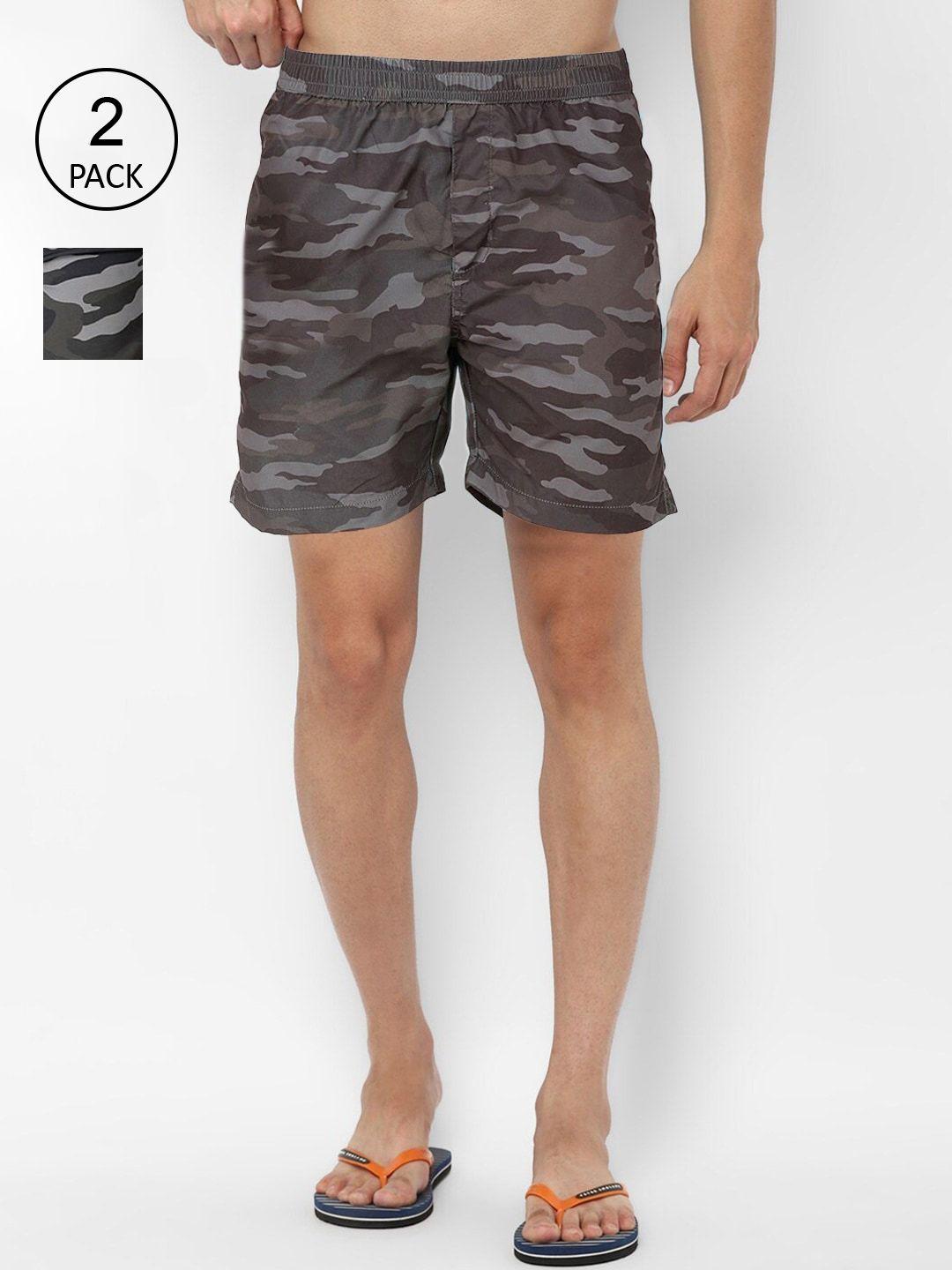 skidlers men pack of 2 brown & grey camouflage printed pure cotton boxers