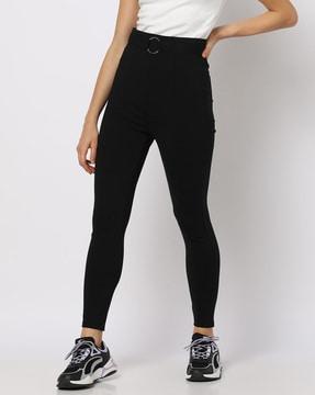 skinny fit pants with buckle accent