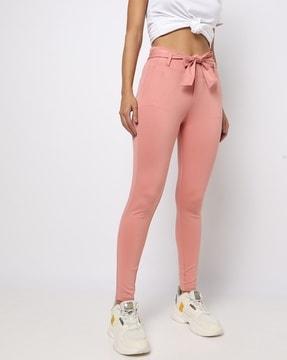 skinny fit flat-front pants with waist tie-up