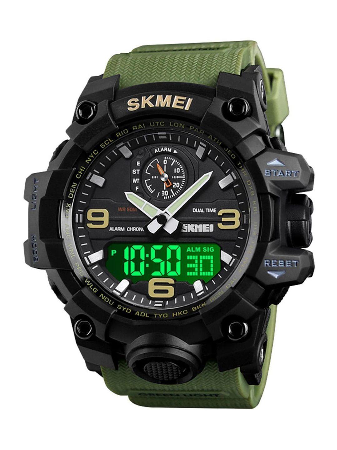 skmei men black printed dial & green straps analogue and digital multi function watch skmei 1586 green