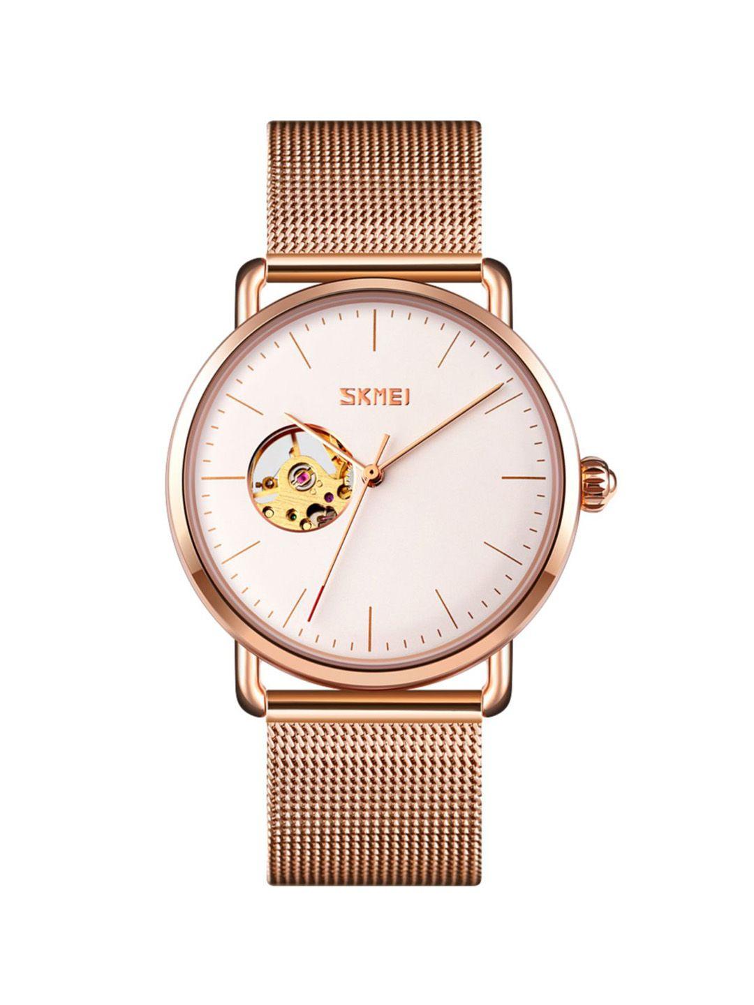 skmei women white dial & rose gold toned stainless steel bracelet style straps analogue motion powered watch