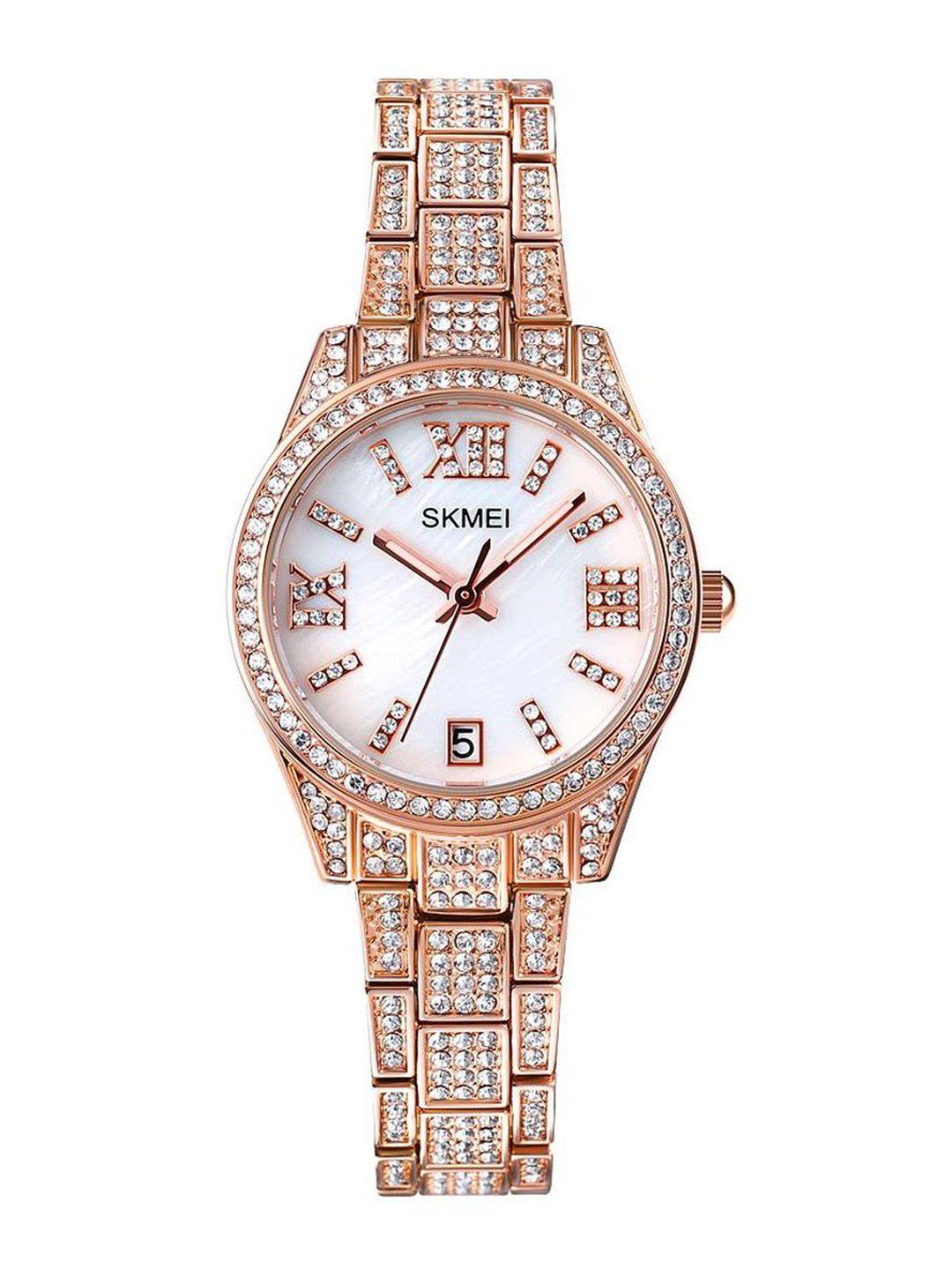 skmei women white embellished dial & rose gold toned stainless steel embellished straps analogue watch