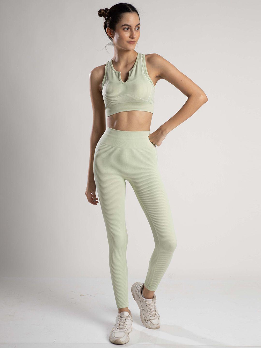 sknz women green ribbed top & tights set