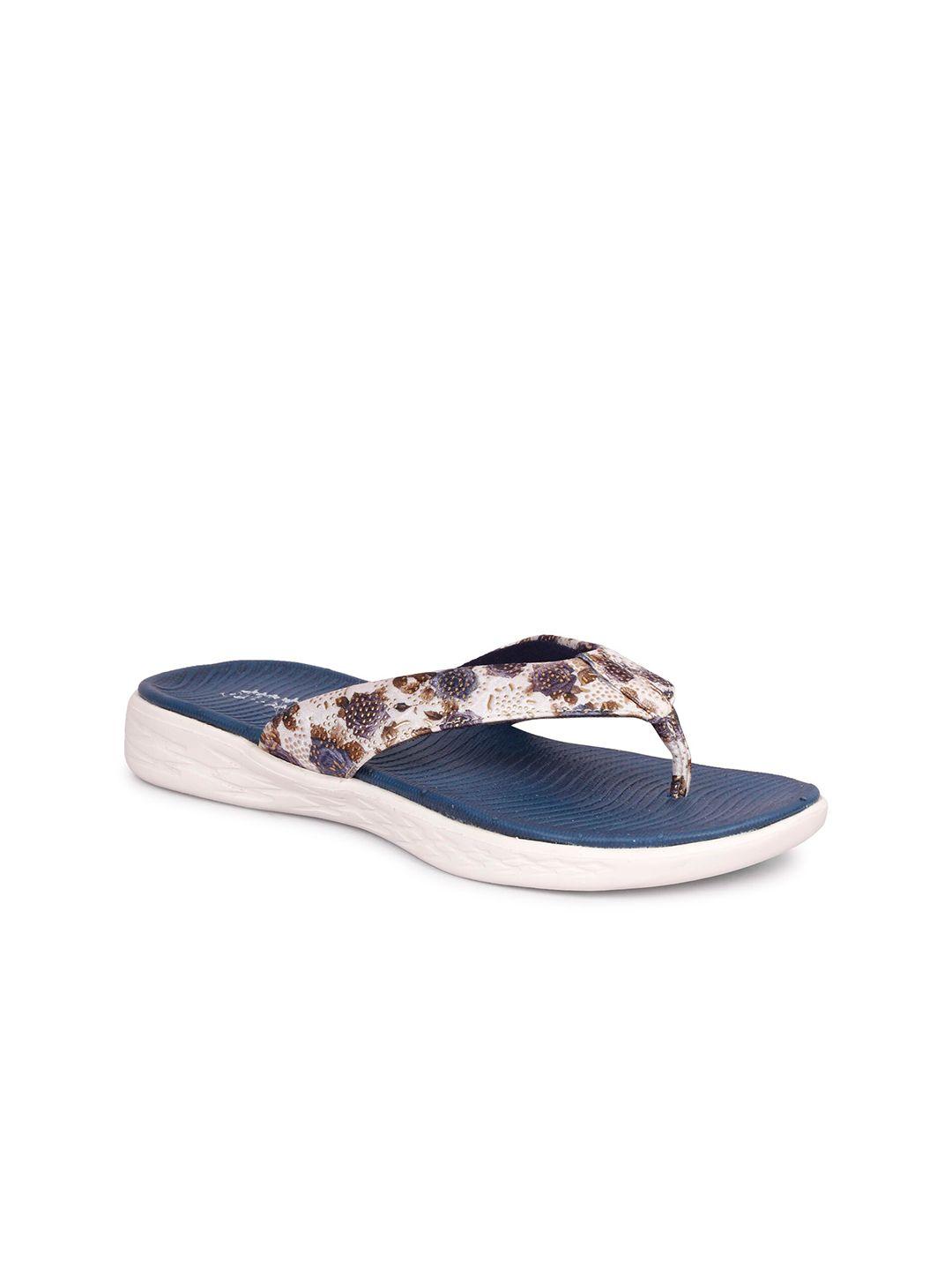 skora women beige & blue floral printed thong flip-flops