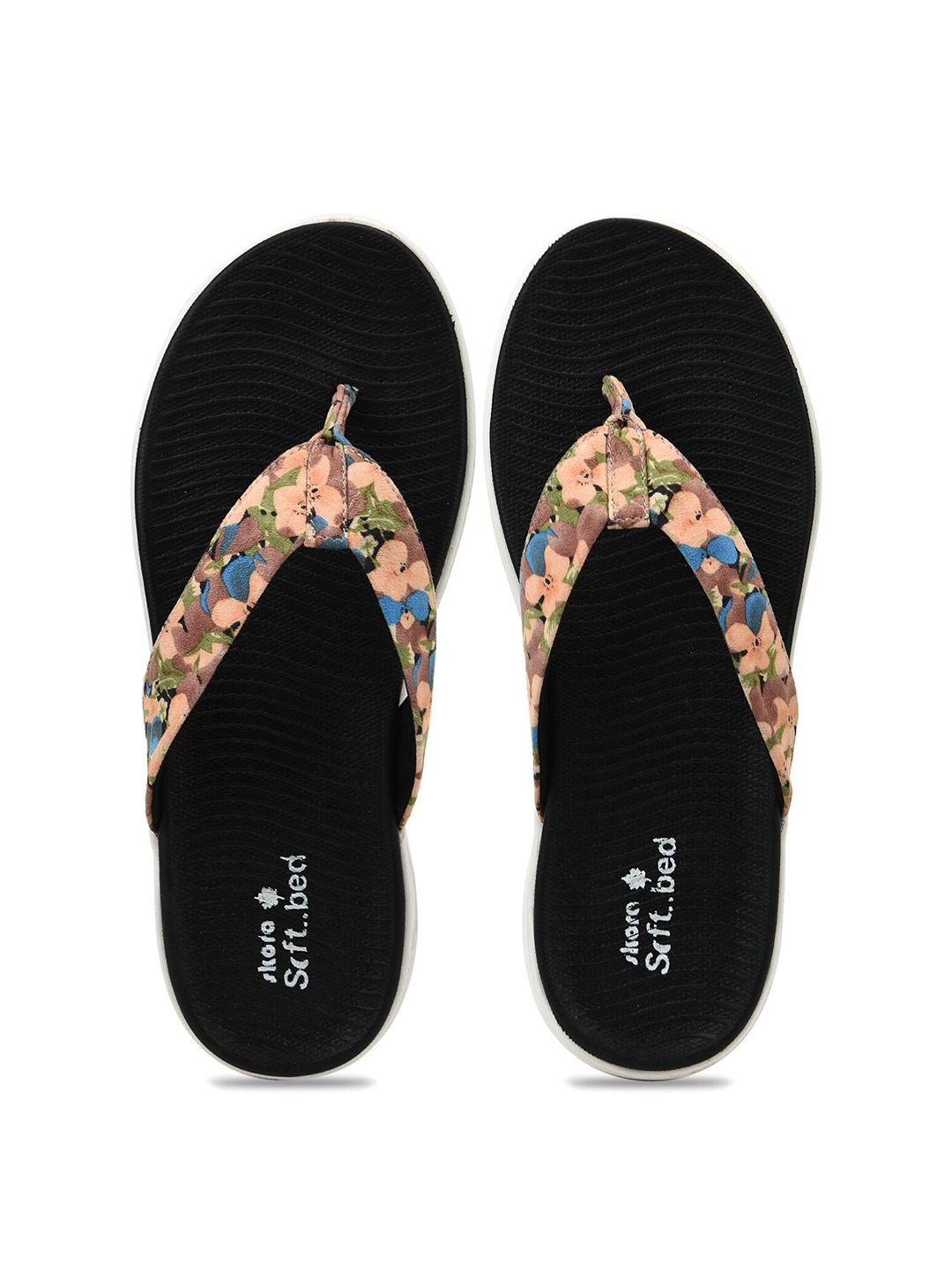 skora women black & brown floral printed thong flip-flops