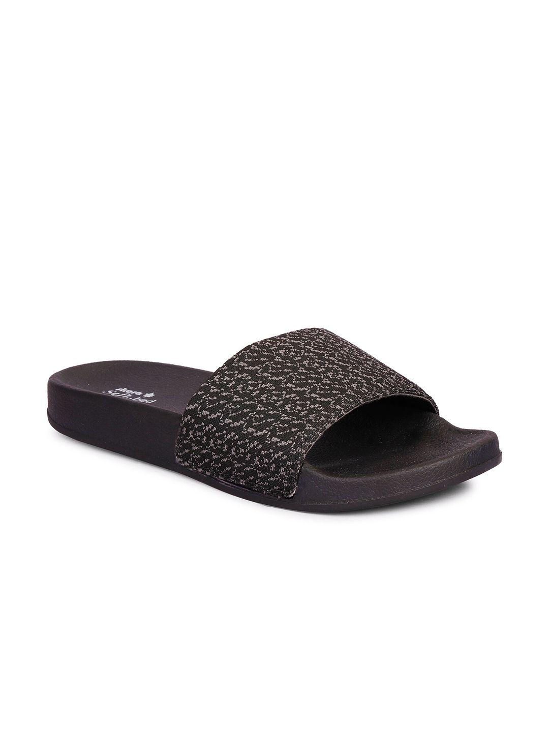 skora women black printed sliders