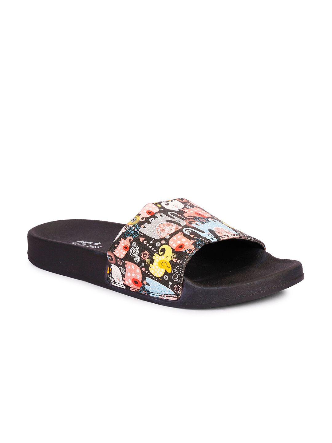 skora women black printed sliders