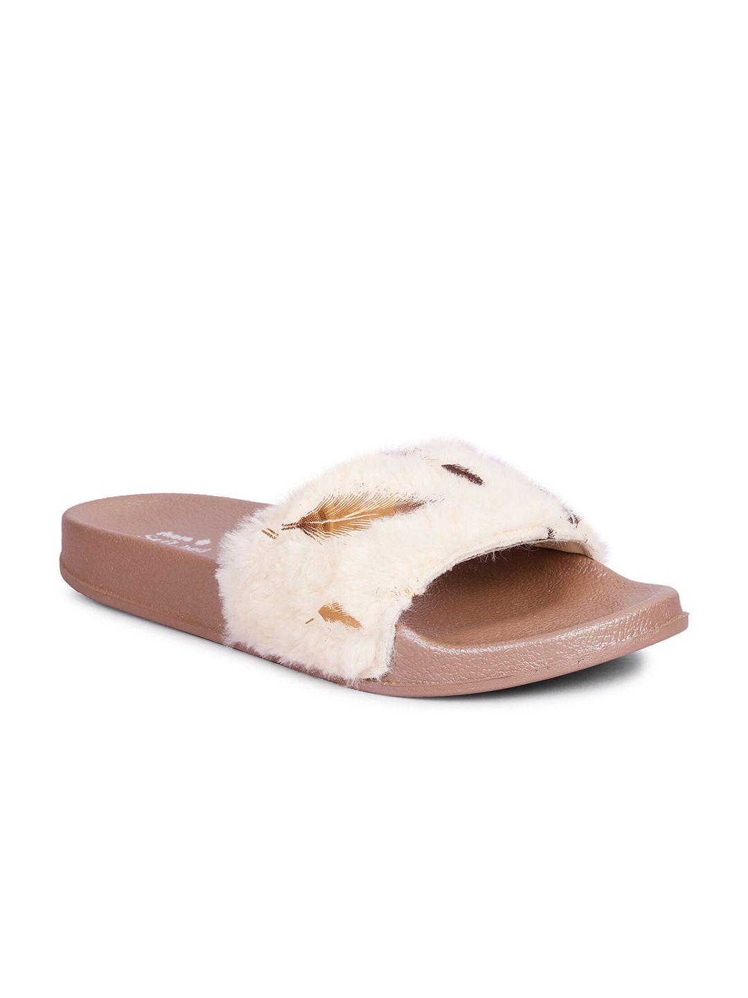 skora women cream-coloured & pink printed sliders