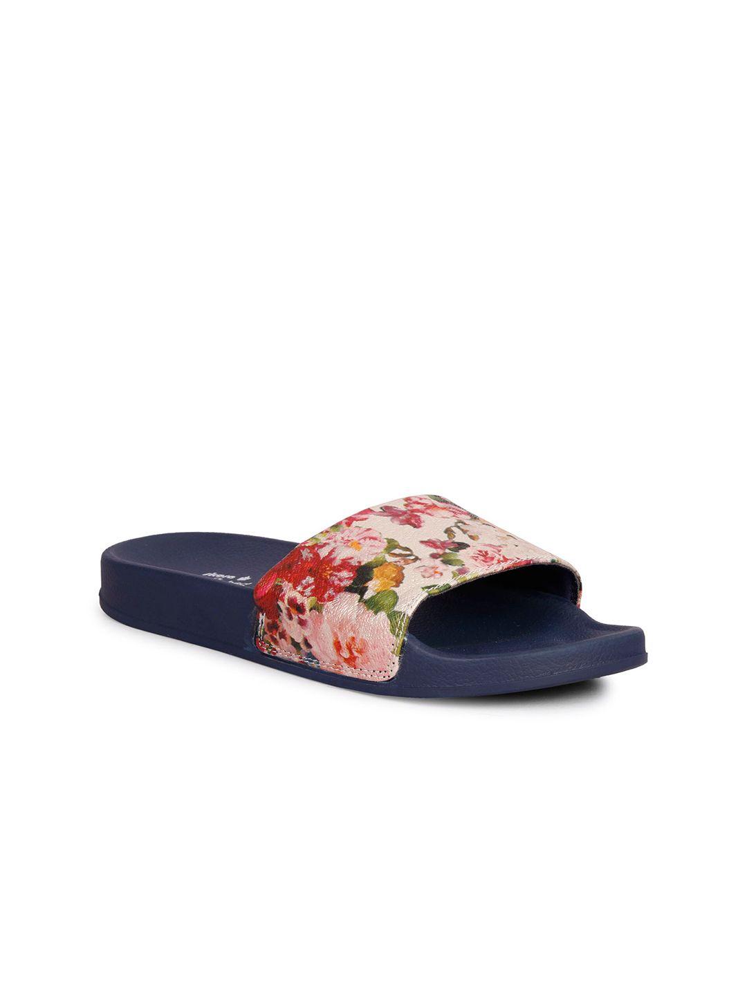 skora women navy blue & red floral printed sliders