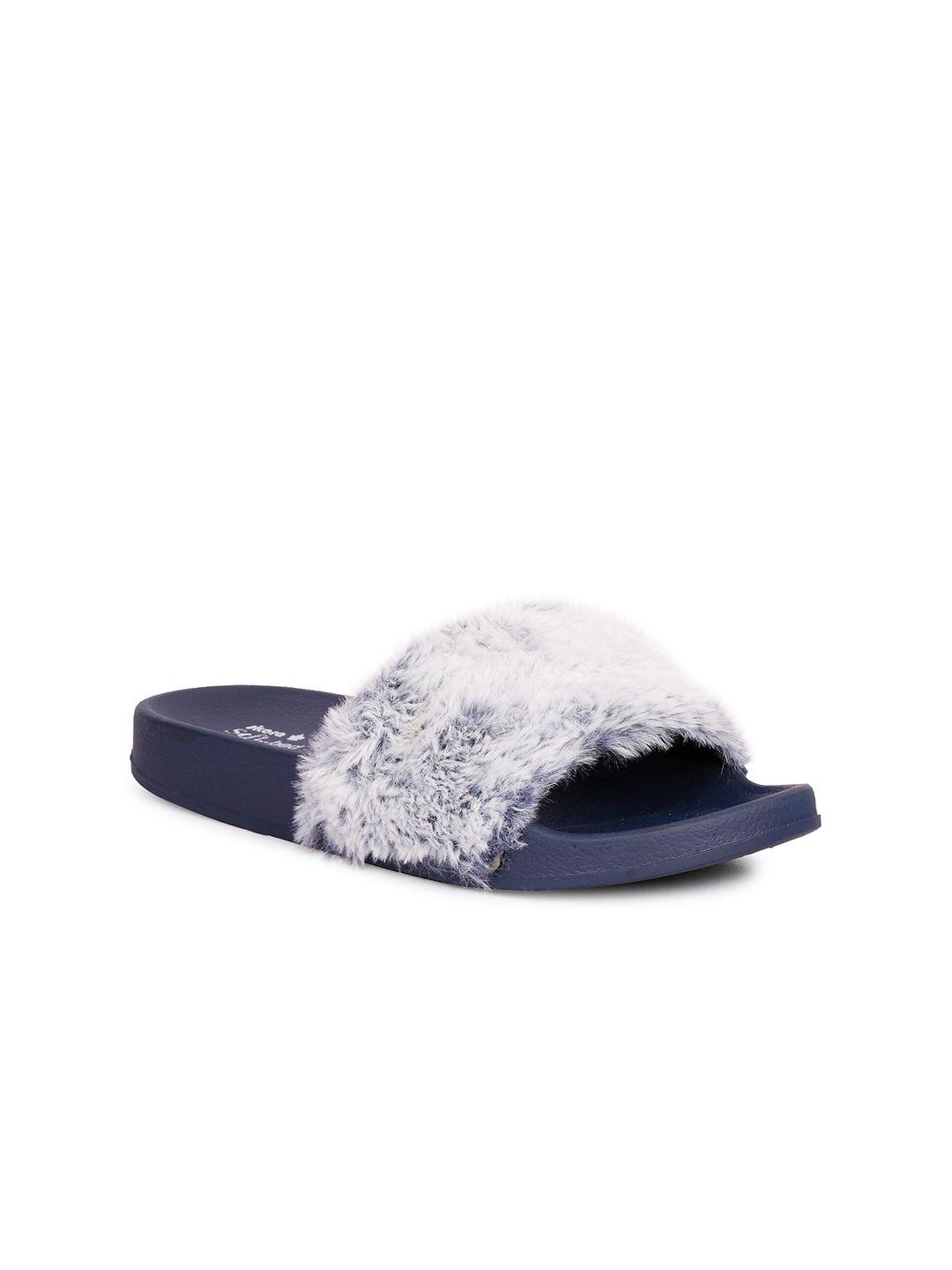 skora women navy blue self design fur sliders