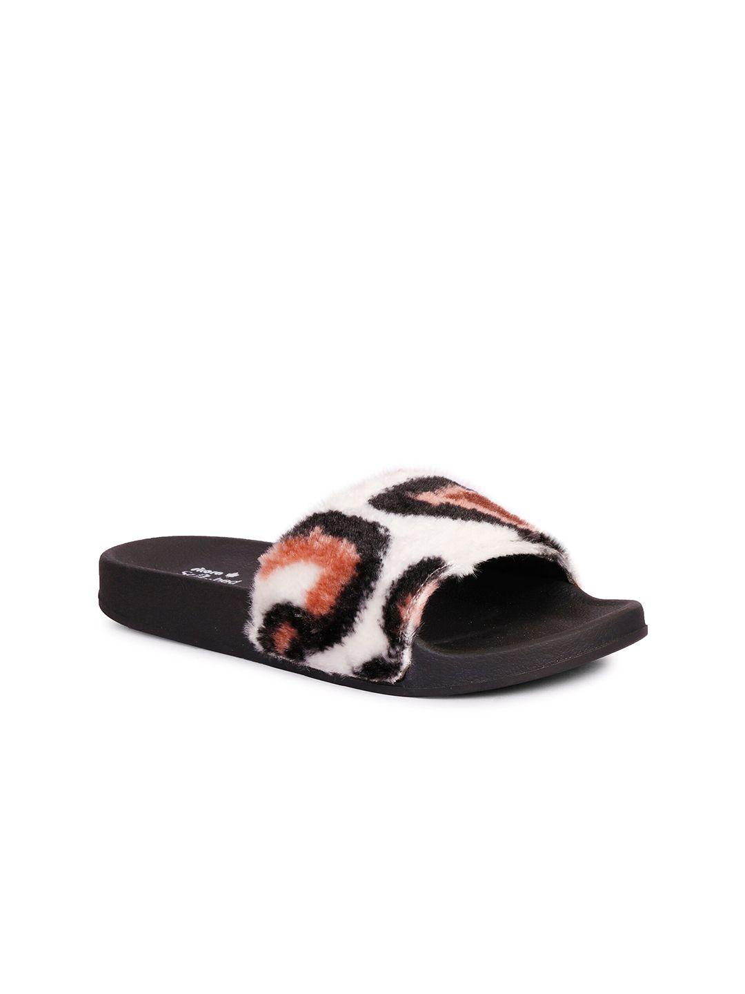 skora women white & brown printed fur sliders