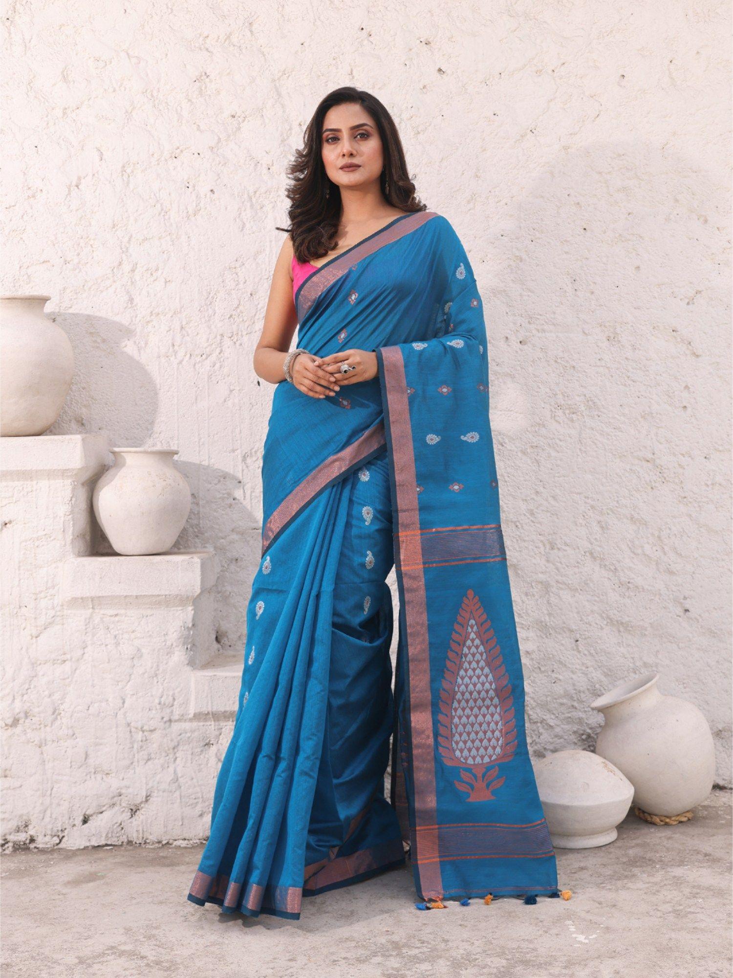 sku blue cotton zari border woven designs saree with unstitched blouse