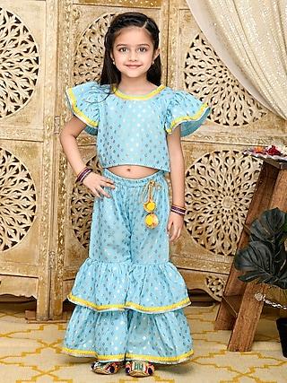 sky blue & gold cotton sharara set for girls