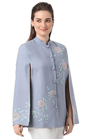 sky blue cashmere wool hand embellished cape