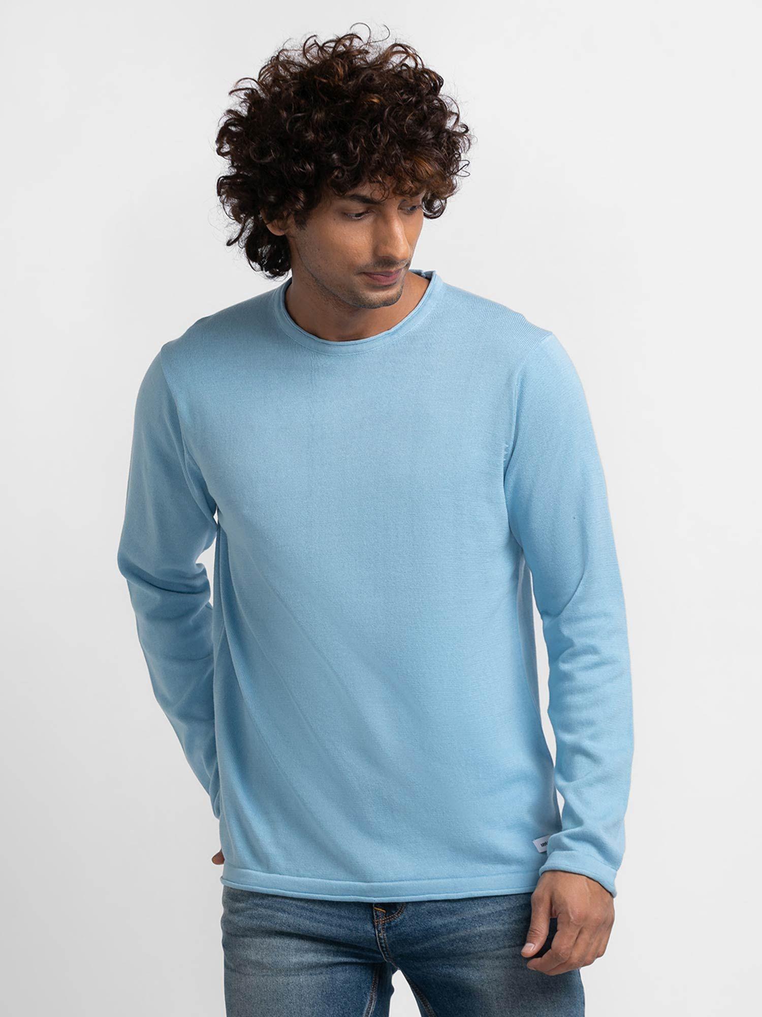 sky blue cotton full sleeve casual sweater for men