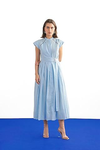 sky blue cotton poplin pleated midi dress