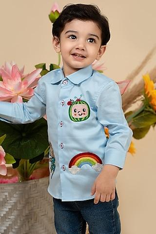 sky blue cotton satin motifs embroidered shirt for boys