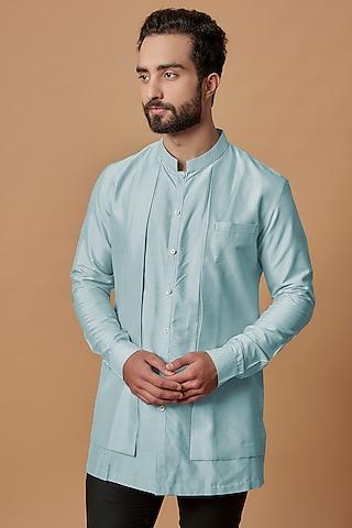 sky blue cotton silk layered shirt kurta