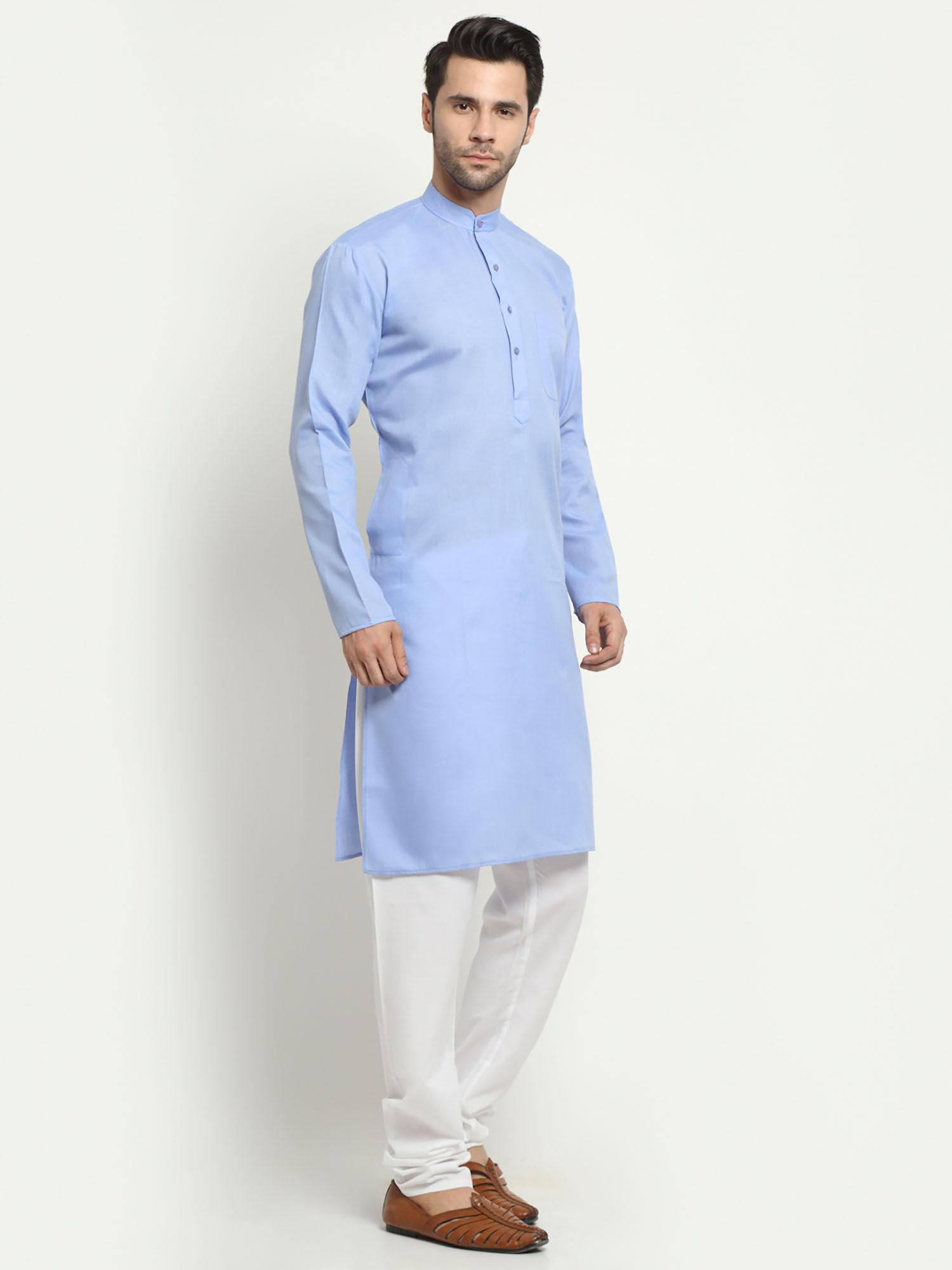 sky blue cotton solid long kurta pajama set for men
