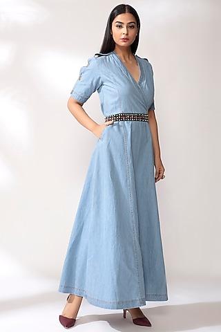 sky blue denim dress with belt