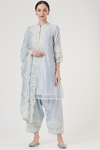 sky blue dori embroidery kurta set for girls