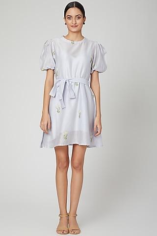 sky blue embroidered dress with belt