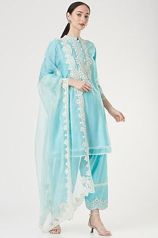 sky blue embroidered kurta set for girls