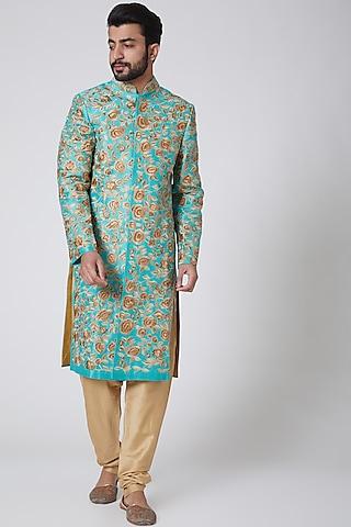 sky blue embroidered raw silk sherwani