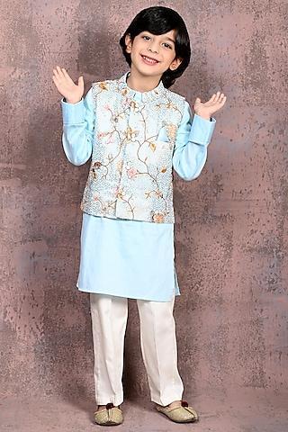 sky blue georgette floral jaal embroidered nehru jacket set for boys