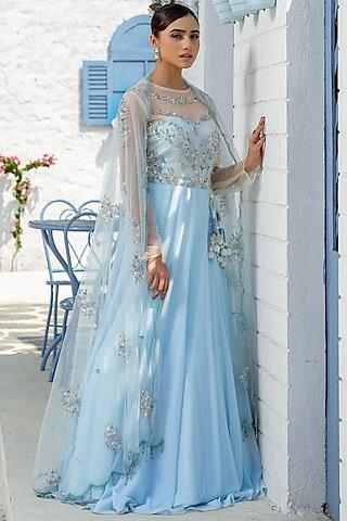 sky blue georgette hand embroidered gown with dupatta