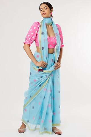 sky blue hand block printed saree set