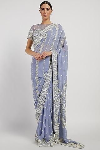 sky blue hand embroidered saree set