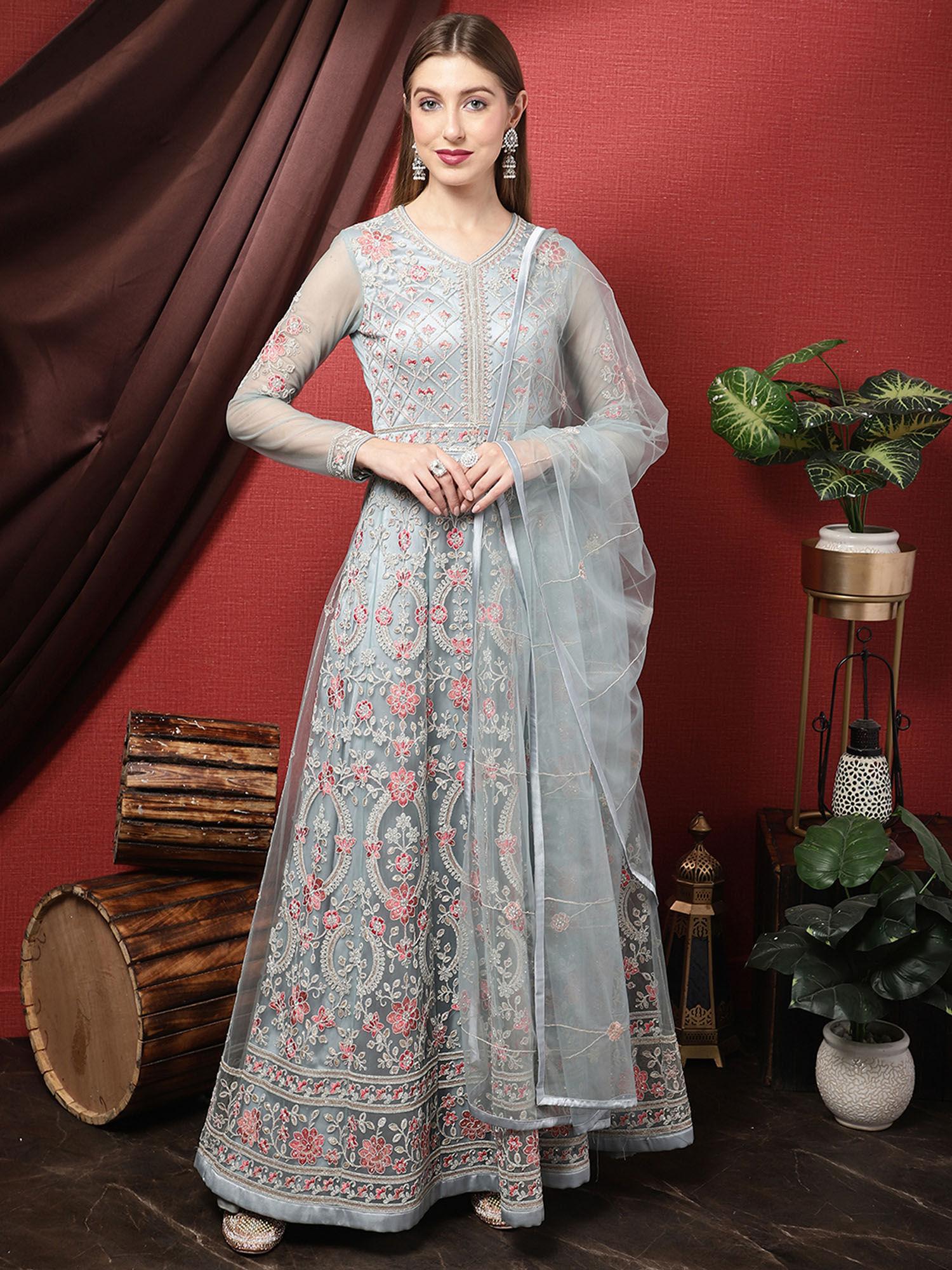 sky blue net embroidered gown style (set of 3)