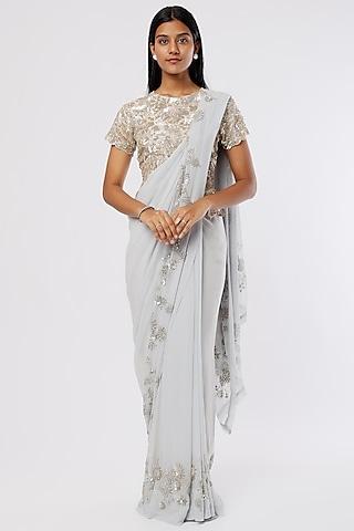 sky blue silk embroidered saree set