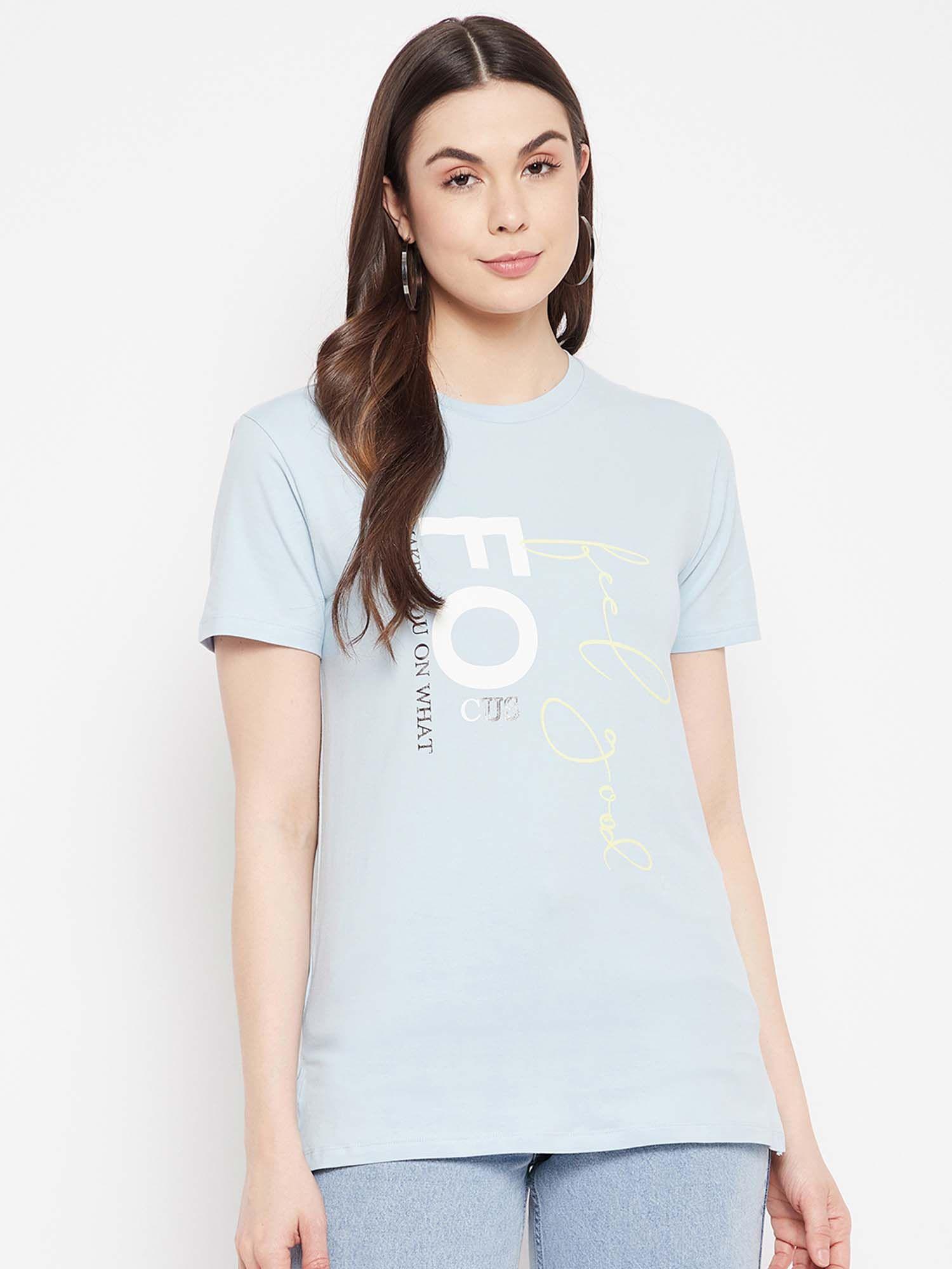 sky color cotton half sleeve top for women