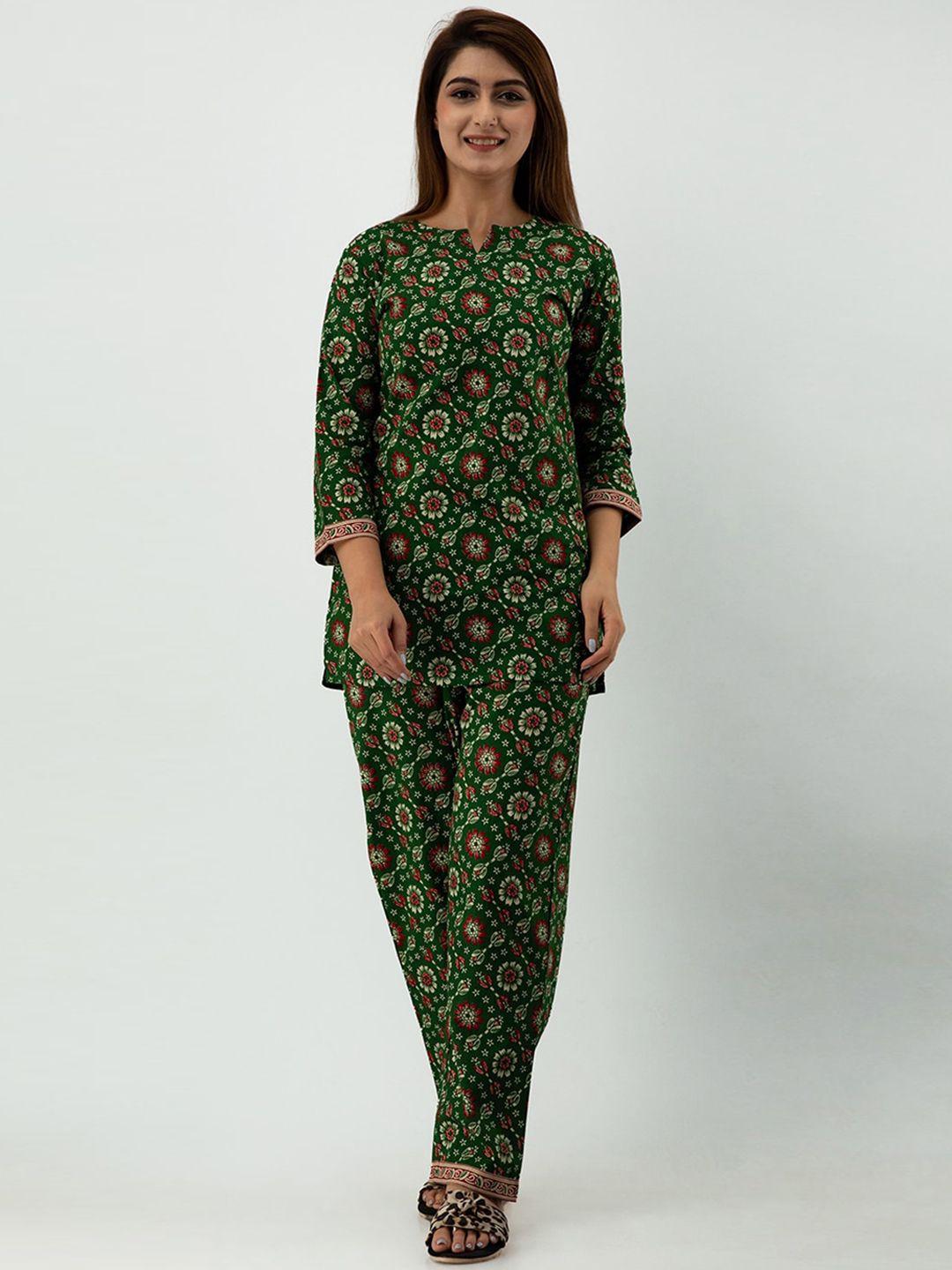 sky shoppie women green printed pure cotton night suit