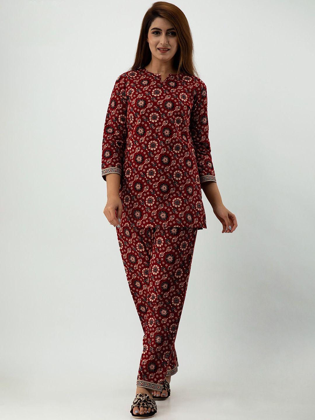 sky shoppie women maroon cotton floral printed night suit set