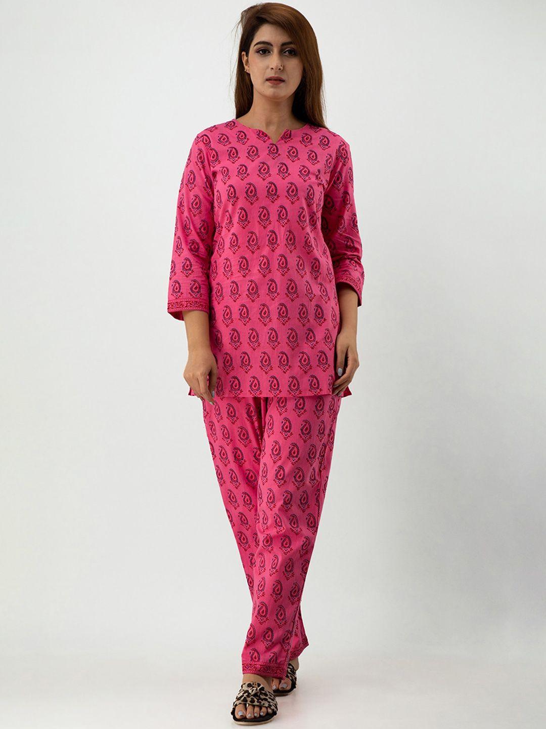 sky shoppie women pink floral printed pure cotton night suit set