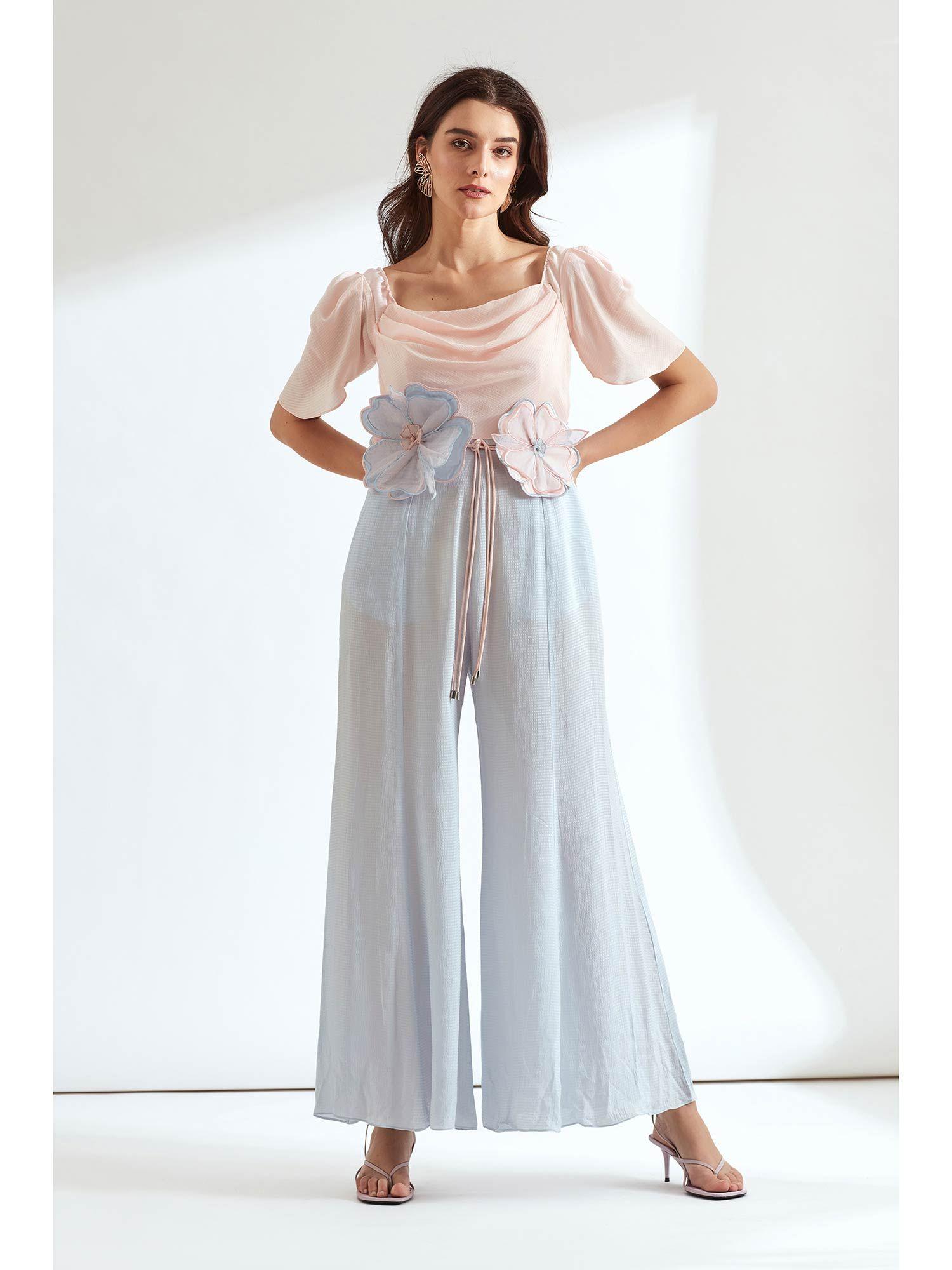 sky & frosty pink color block jumpsuit with floral embroidered belt (set of 2)