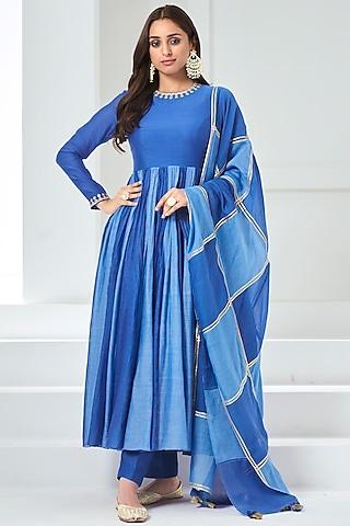 sky blue & aqua blue soft chanderi anarkali set