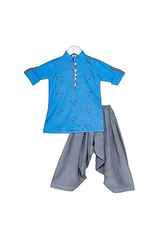 sky blue & grey embroidered kurta set for boys