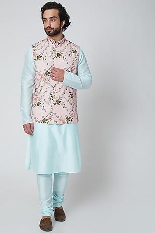sky blue & light pink printed kurta set with jacket